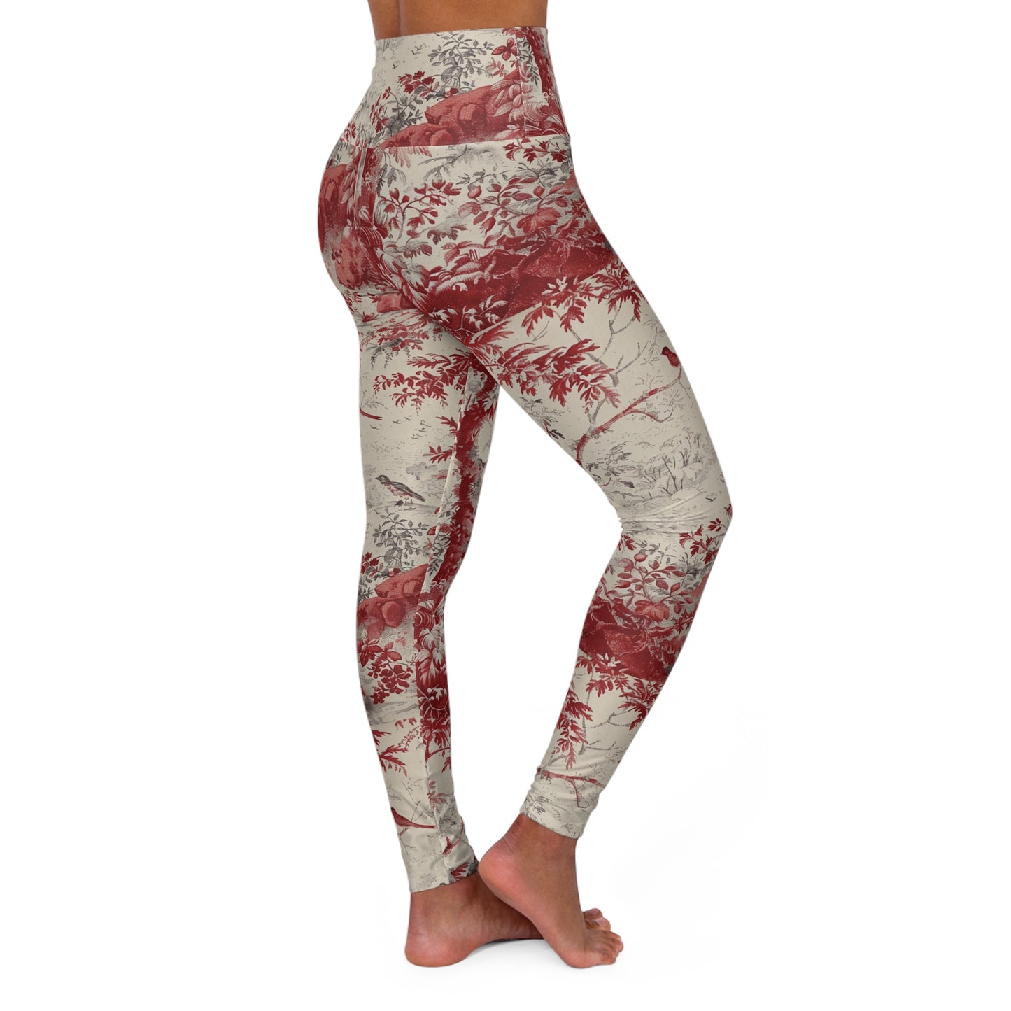 Toile Floral High-Waisted Yoga Leggings — Red Vintage Garden Print