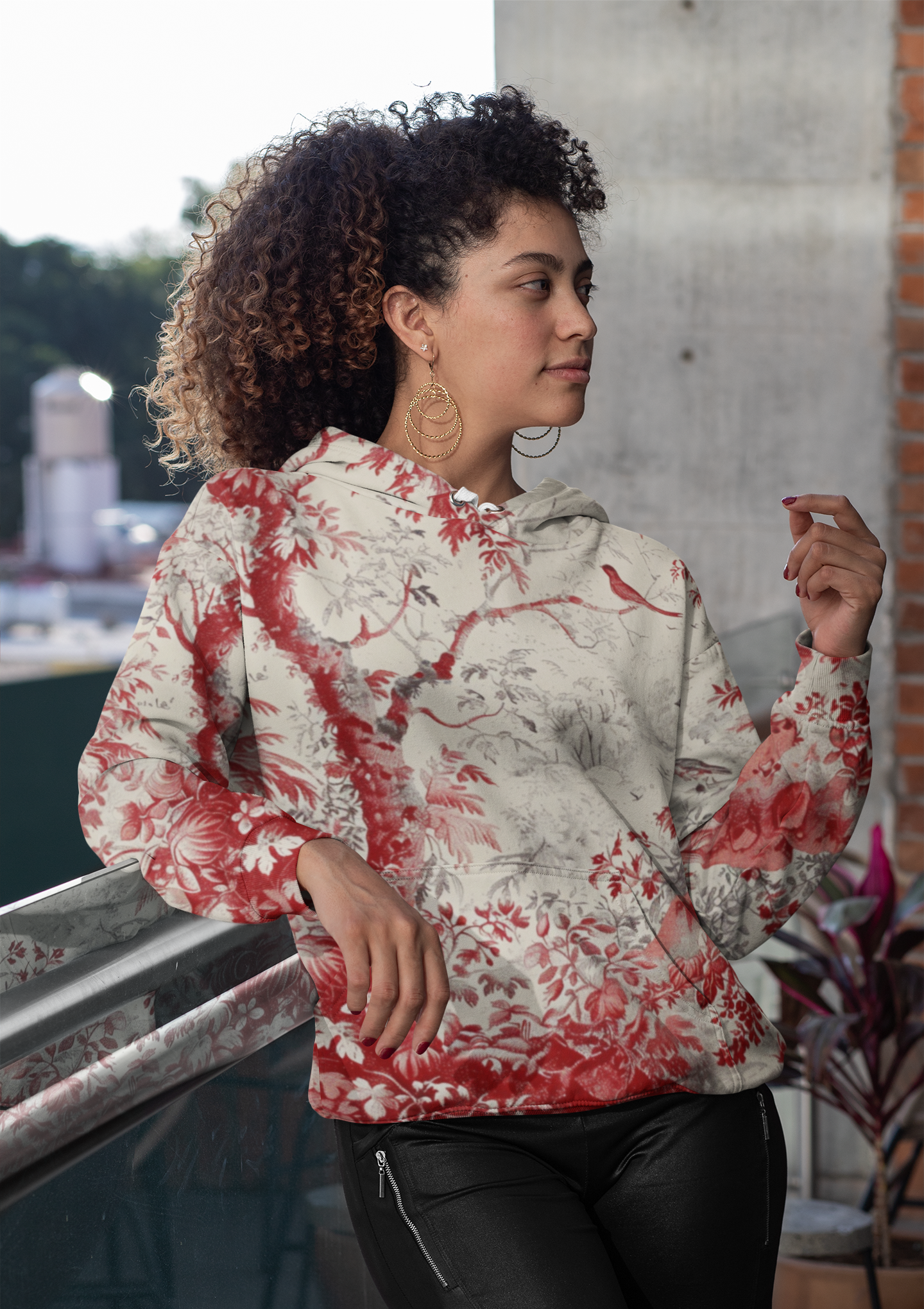 Long Sleeve Shirt — Vintage Red Toile Bird Print