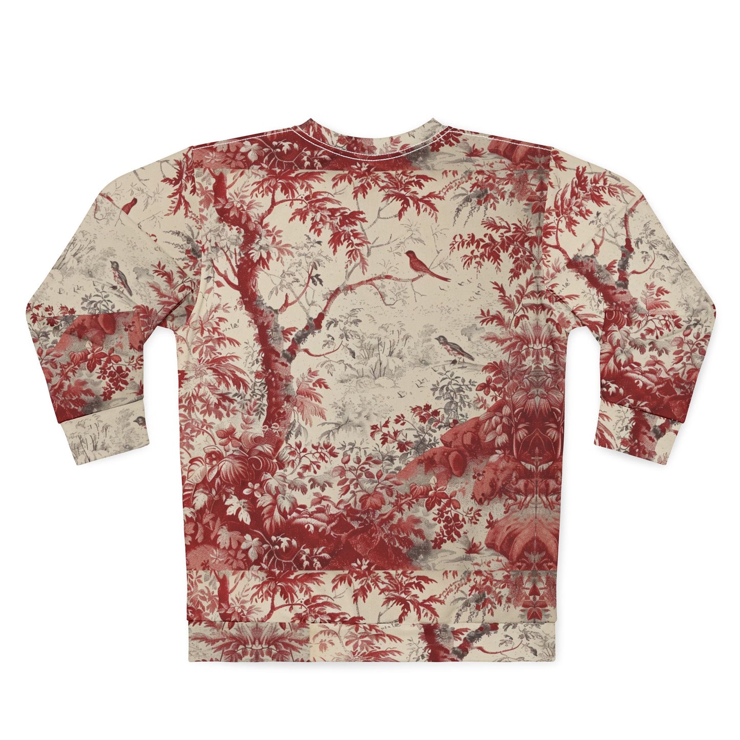 Toile de Jouy Scenic Sweatshirt — Vintage Red Botanical & Bird Print