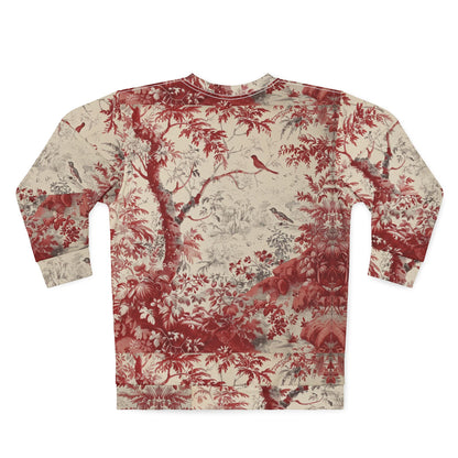 Toile de Jouy Scenic Sweatshirt — Vintage Red Botanical & Bird Print