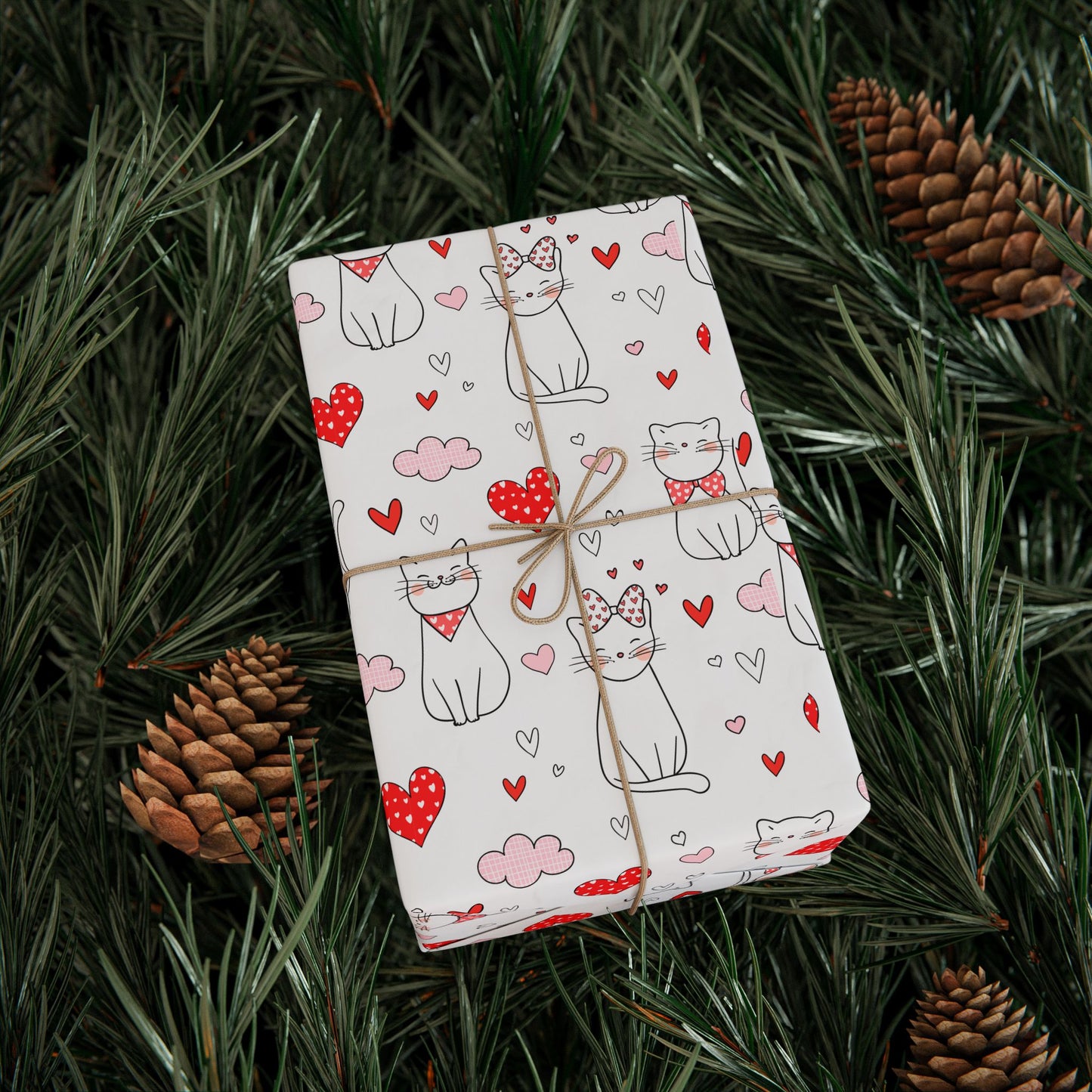 Valentine Cat & Hearts Wrapping Paper Roll — Cute Gift Wrap for Valentine's Day