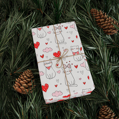 Valentine Cat & Hearts Wrapping Paper Roll — Cute Gift Wrap for Valentine's Day