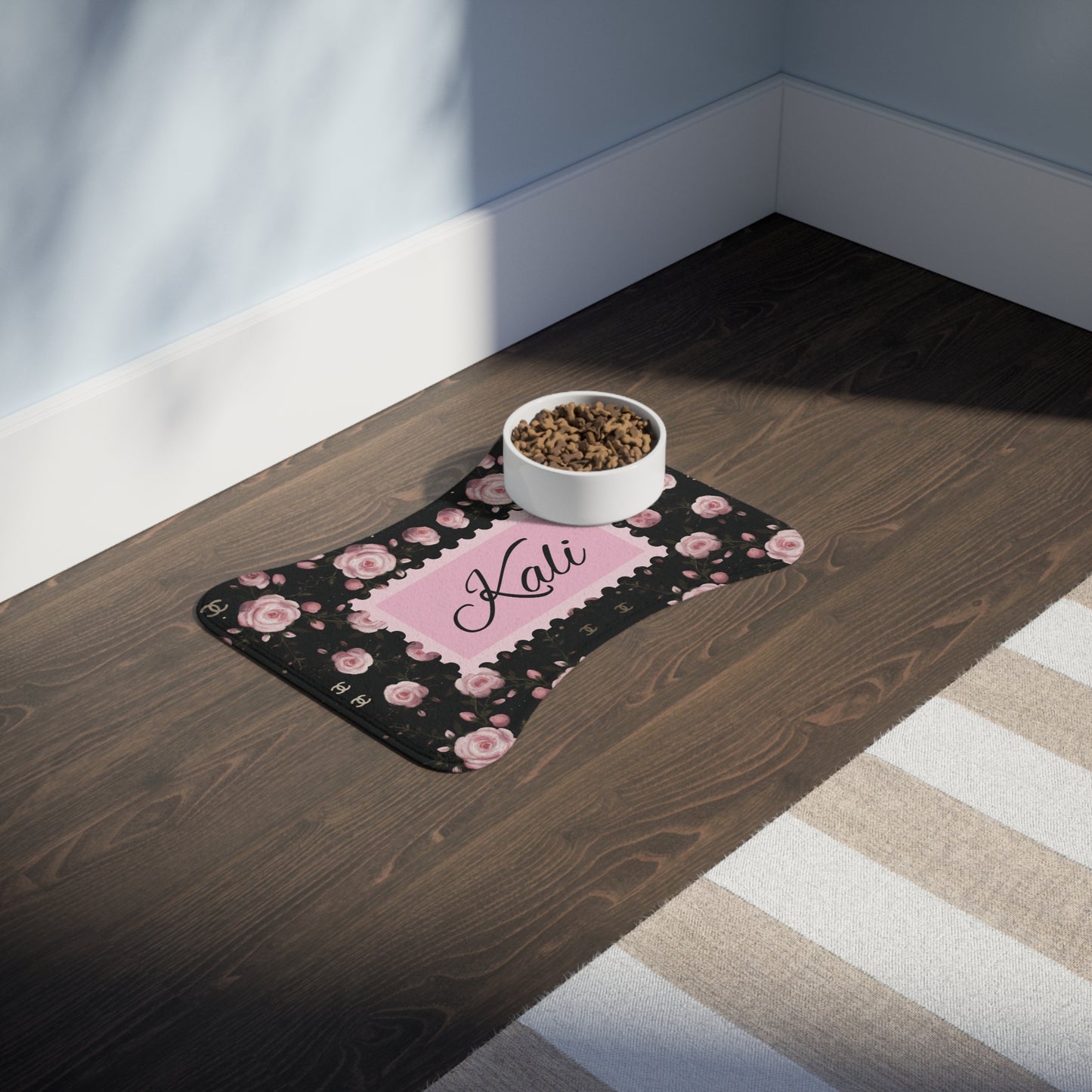 Personalized Floral Pet Feeding Mat — 'Kali' Pink Rose Non-Slip Placemat