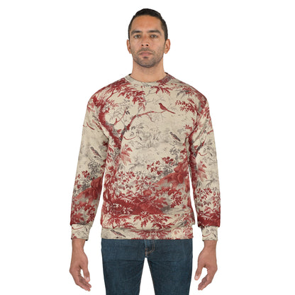 Toile de Jouy Scenic Sweatshirt — Vintage Red Botanical & Bird Print