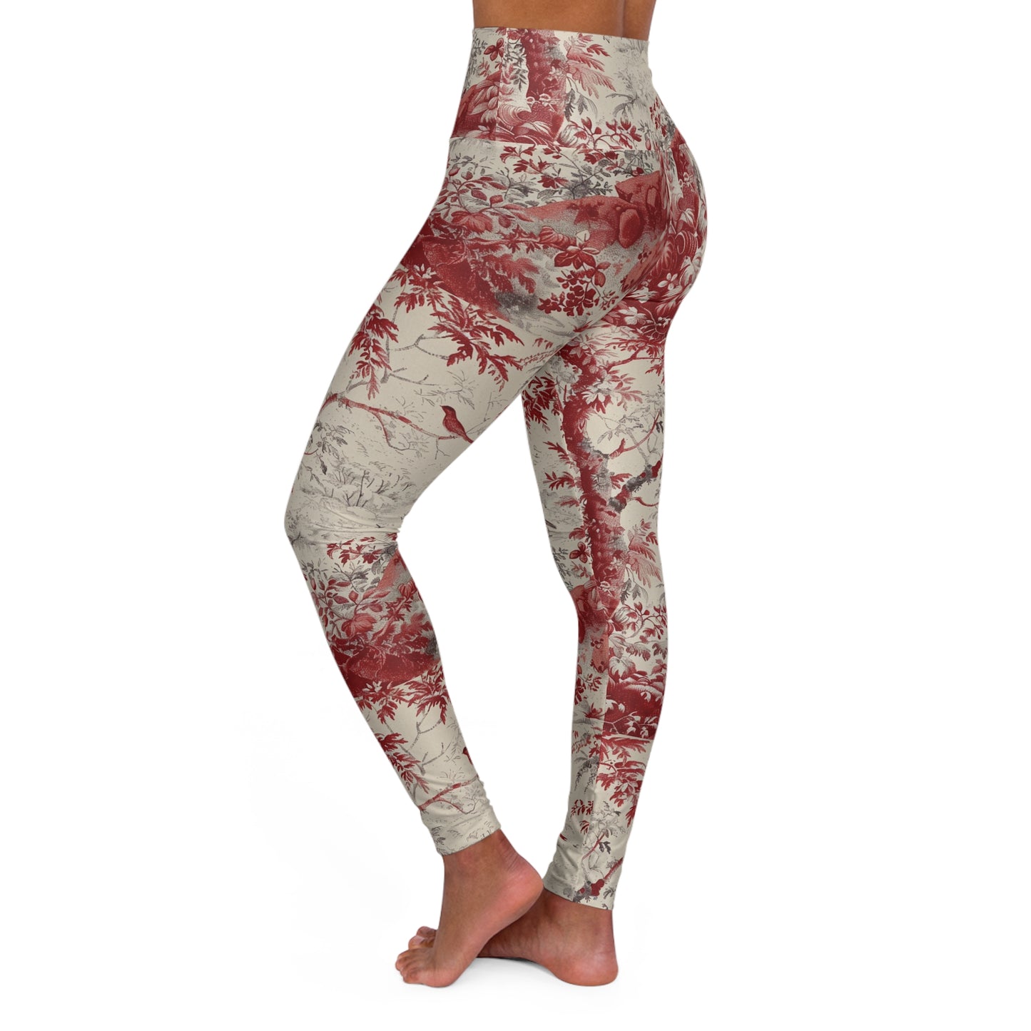 Toile Floral High-Waisted Yoga Leggings — Red Vintage Garden Print
