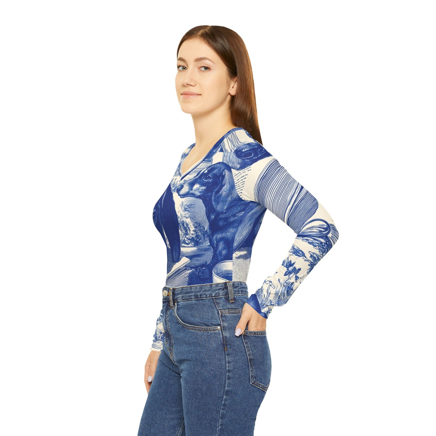 Dachshund Tea Time V‑Neck Long Sleeve — Blue Toile Dog Print Shirt