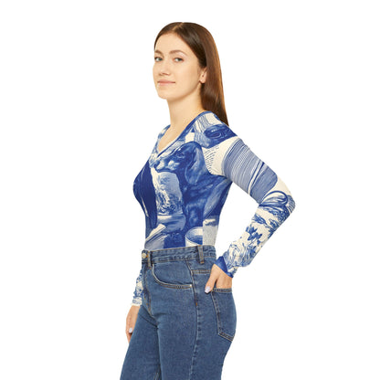 Dachshund Tea Time V‑Neck Long Sleeve — Blue Toile Dog Print Shirt