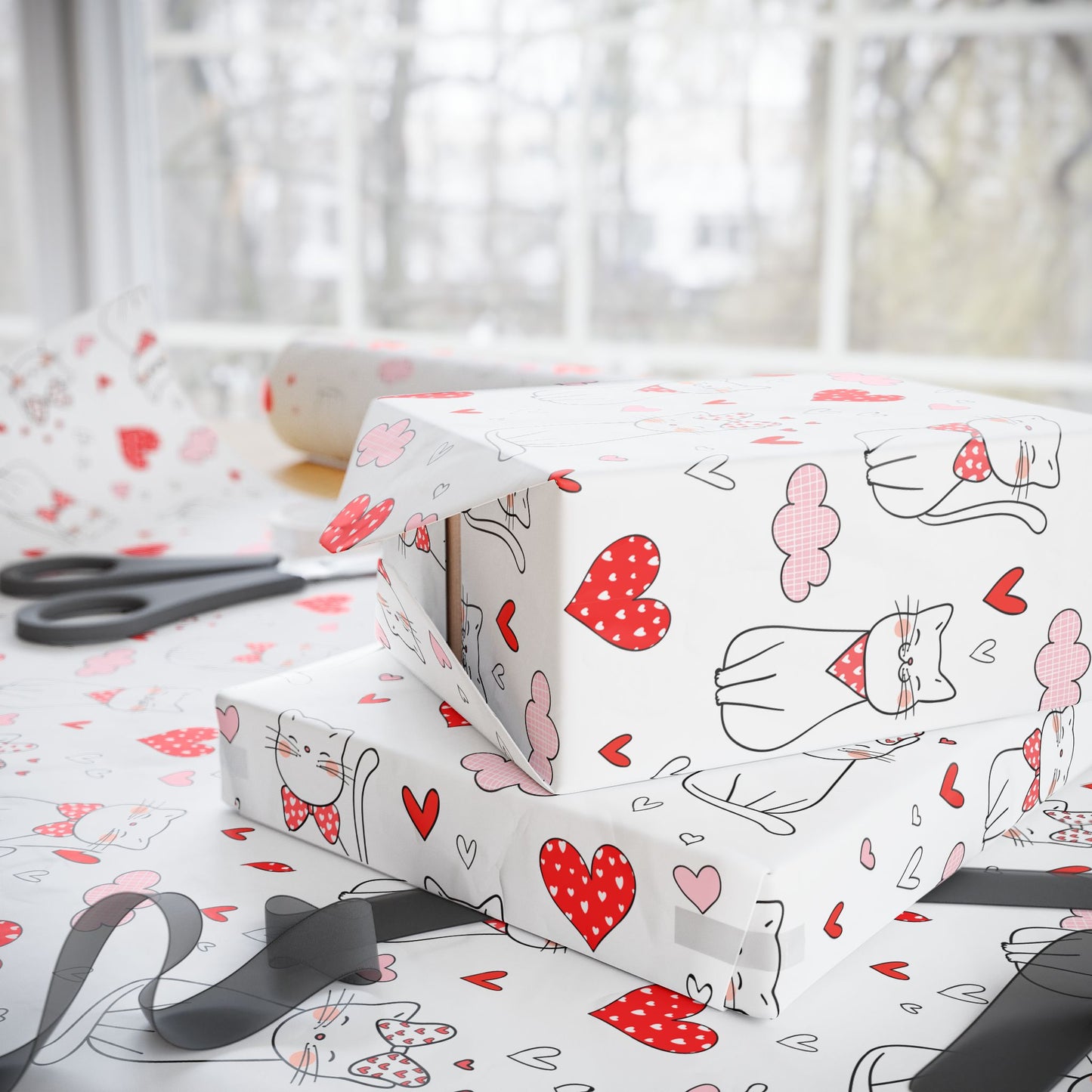 Valentine Cat & Hearts Wrapping Paper Roll — Cute Gift Wrap for Valentine's Day