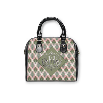 Monogram Plaid Shoulder Handbag — Green Argyle Pattern with Elegant 'H' Emblem