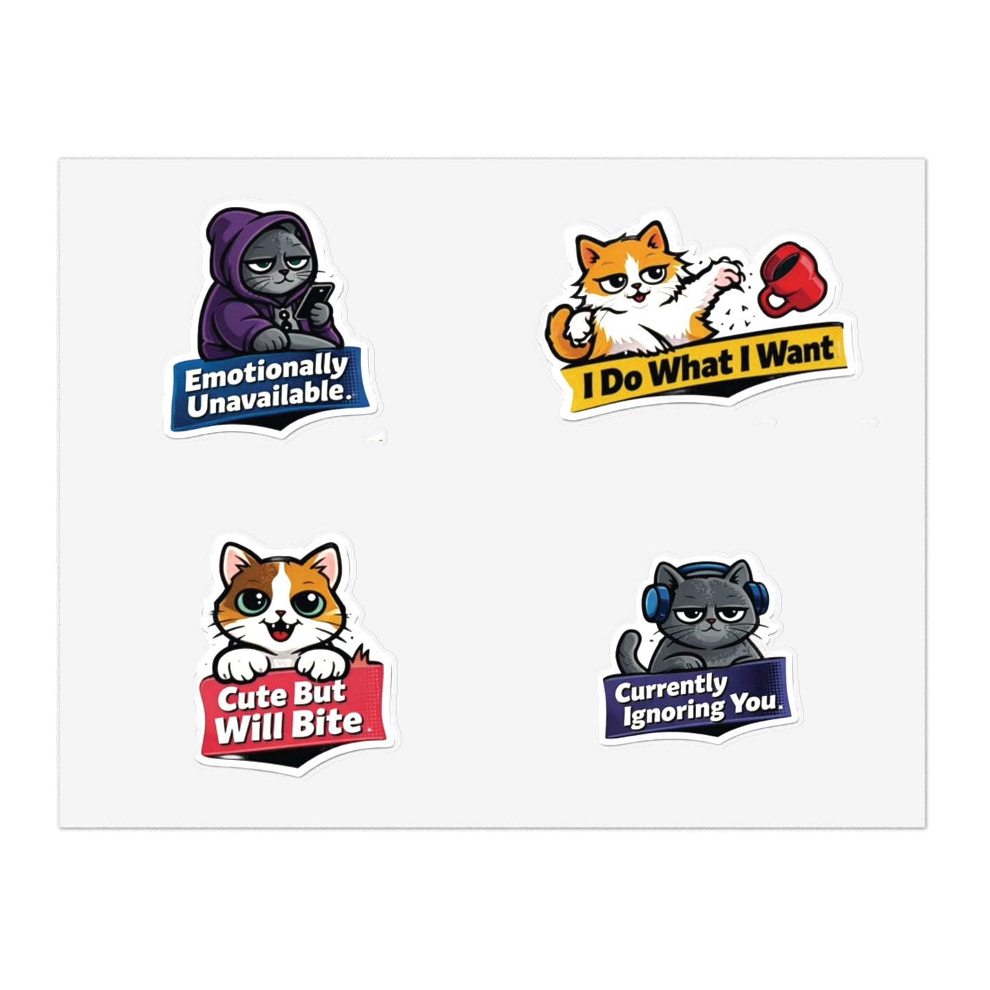 Unhinged Cat Energy Sticker Sheet — "Four Cats. Zero Manners." Funny Cat Stickers for Cat Lovers