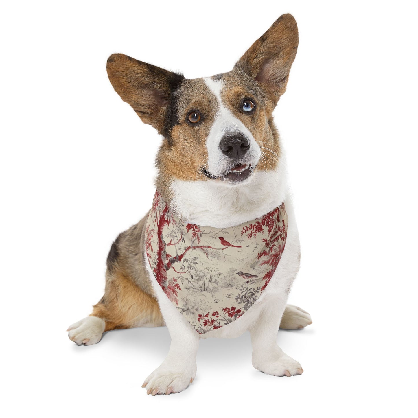 Vintage Toile Pet Bandana Collar – Red Floral Bird Print