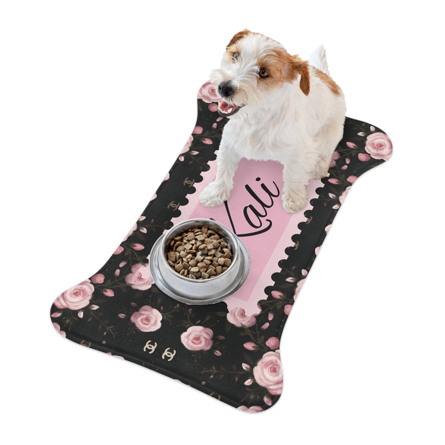 Personalized Floral Pet Feeding Mat — 'Kali' Pink Rose Non-Slip Placemat
