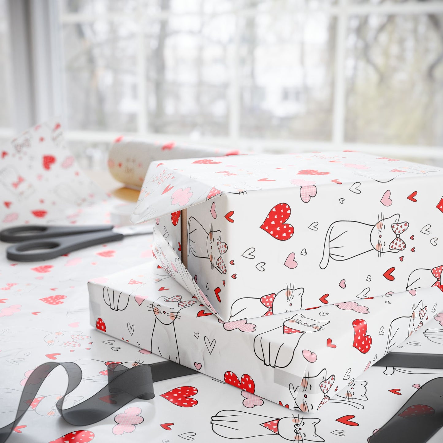 Valentine Cat & Hearts Wrapping Paper Roll — Cute Gift Wrap for Valentine's Day