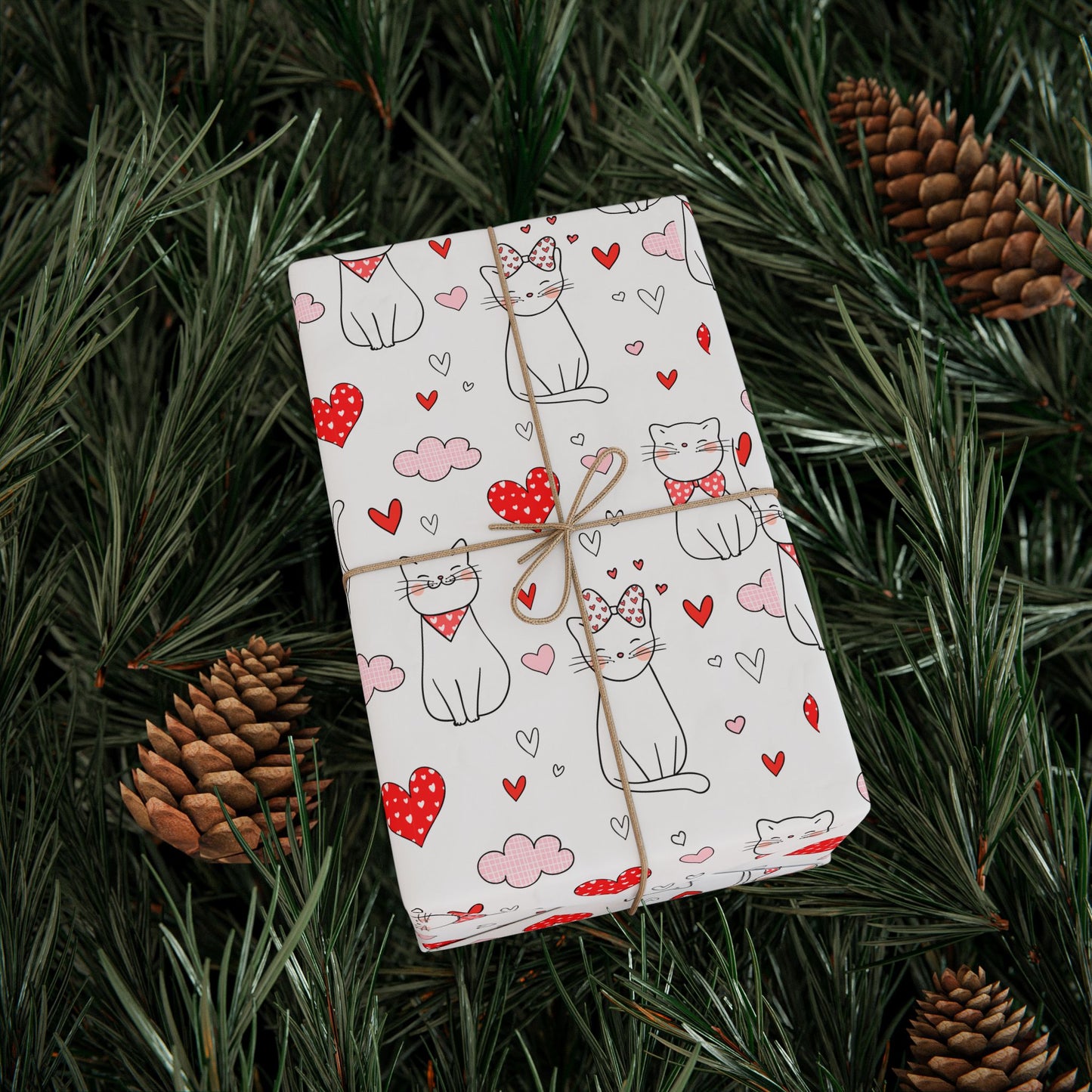 Valentine Cat & Hearts Wrapping Paper Roll — Cute Gift Wrap for Valentine's Day