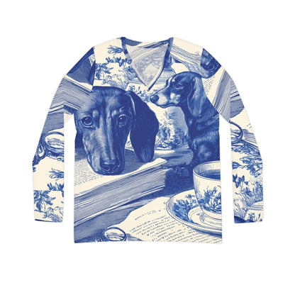 Dachshund Tea Time V‑Neck Long Sleeve — Blue Toile Dog Print Shirt