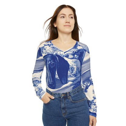 Dachshund Tea Time V‑Neck Long Sleeve — Blue Toile Dog Print Shirt