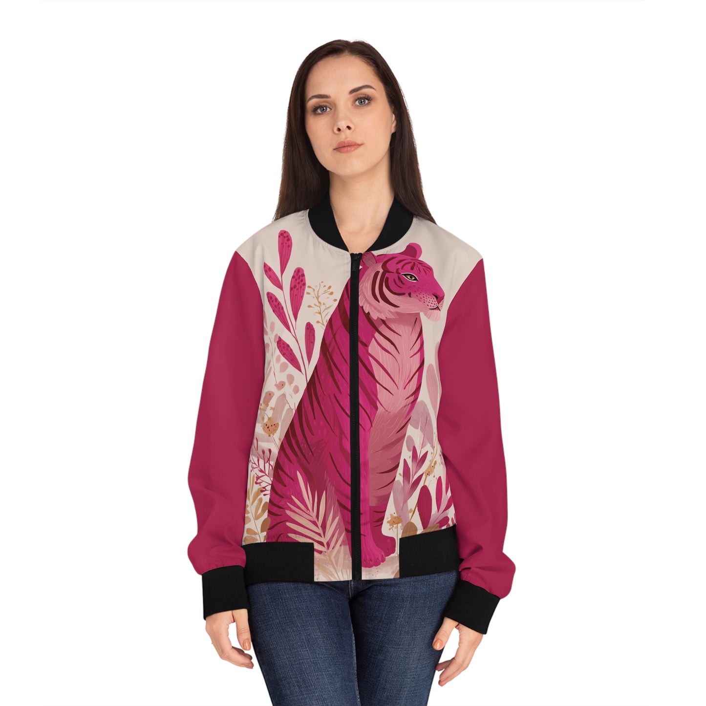 Pink Tiger Bomber Jacket — Women's Floral Animal Print Jacket
