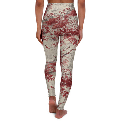 Toile Floral High-Waisted Yoga Leggings — Red Vintage Garden Print