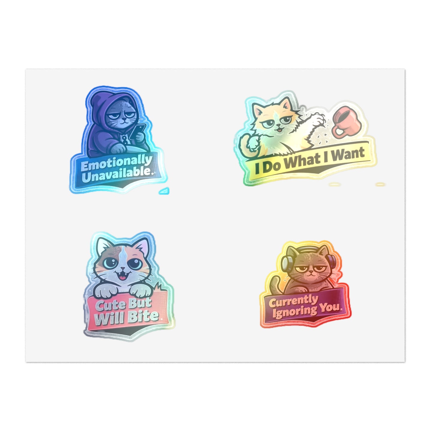 Unhinged Cat Energy Sticker Sheet — "Four Cats. Zero Manners." Funny Cat Stickers for Cat Lovers