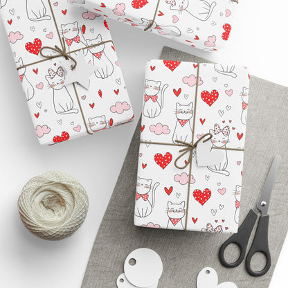 Valentine Cat & Hearts Wrapping Paper Roll — Cute Gift Wrap for Valentine's Day