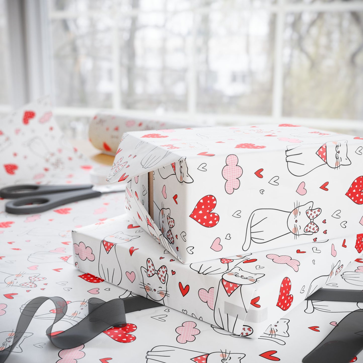 Valentine Cat & Hearts Wrapping Paper Roll — Cute Gift Wrap for Valentine's Day