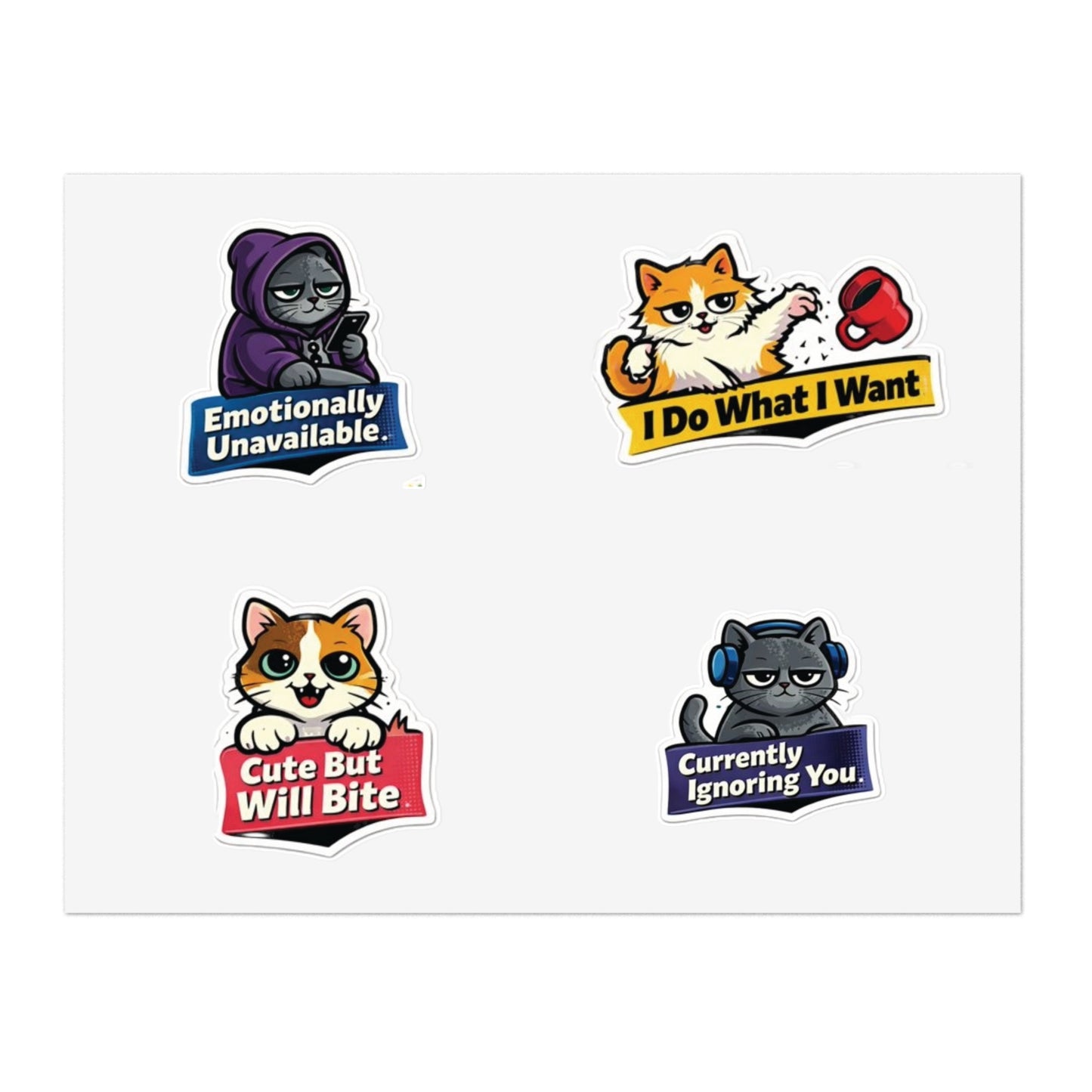 Unhinged Cat Energy Sticker Sheet — "Four Cats. Zero Manners." Funny Cat Stickers for Cat Lovers