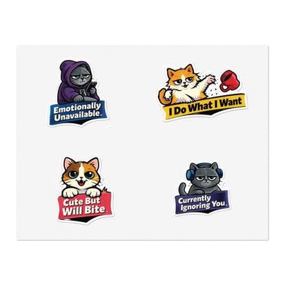Unhinged Cat Energy Sticker Sheet — "Four Cats. Zero Manners." Funny Cat Stickers for Cat Lovers