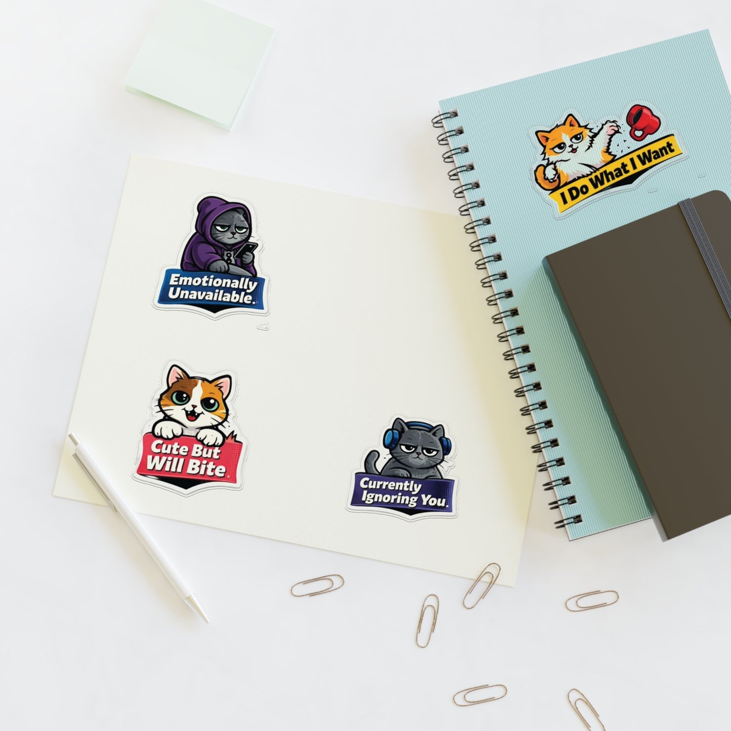 Unhinged Cat Energy Sticker Sheet — "Four Cats. Zero Manners." Funny Cat Stickers for Cat Lovers