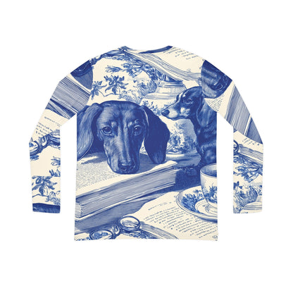 Dachshund Tea Time V‑Neck Long Sleeve — Blue Toile Dog Print Shirt