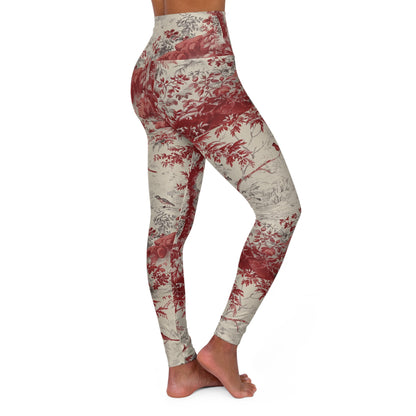 Toile Floral High-Waisted Yoga Leggings — Red Vintage Garden Print