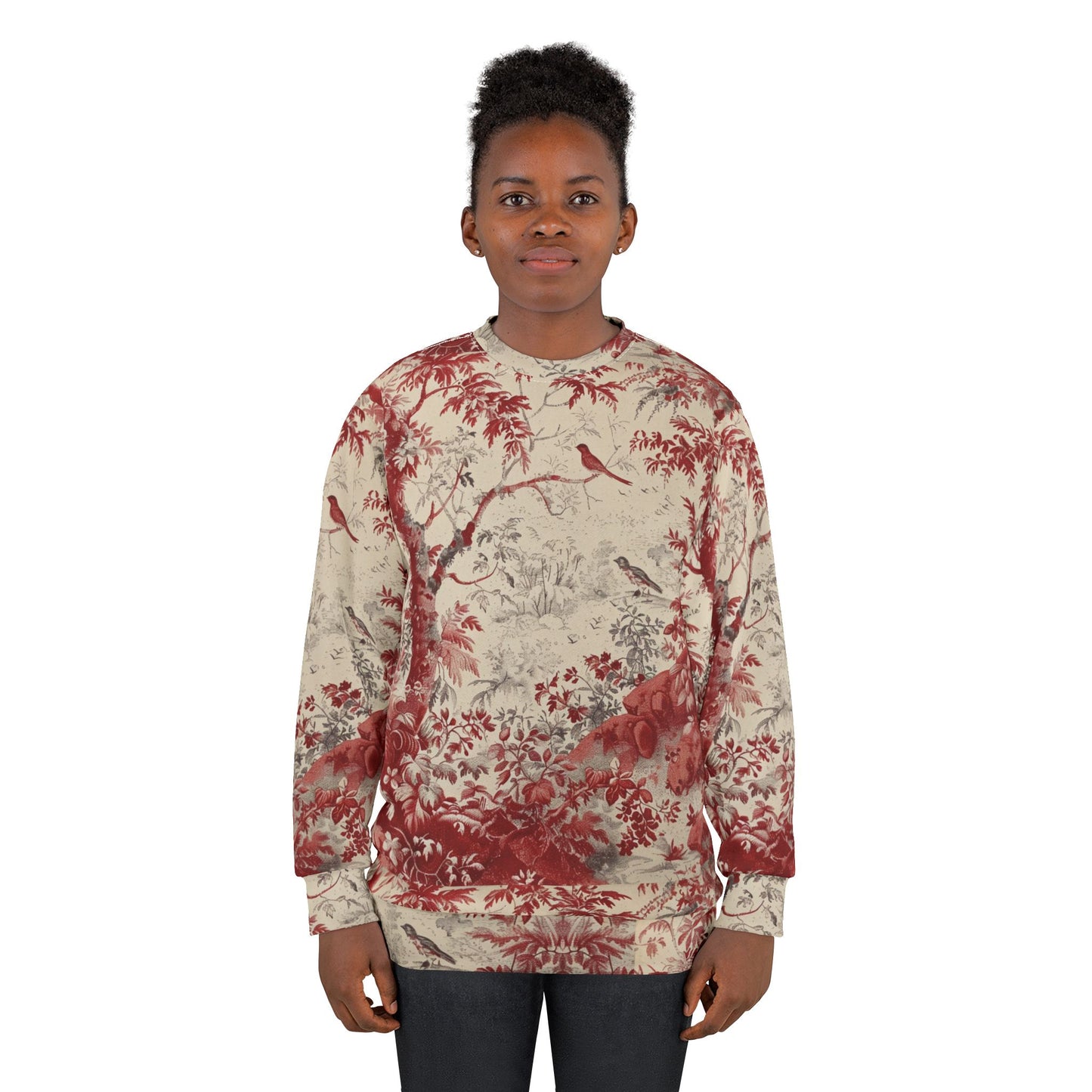 Toile de Jouy Scenic Sweatshirt — Vintage Red Botanical & Bird Print