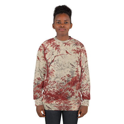 Toile de Jouy Scenic Sweatshirt — Vintage Red Botanical & Bird Print