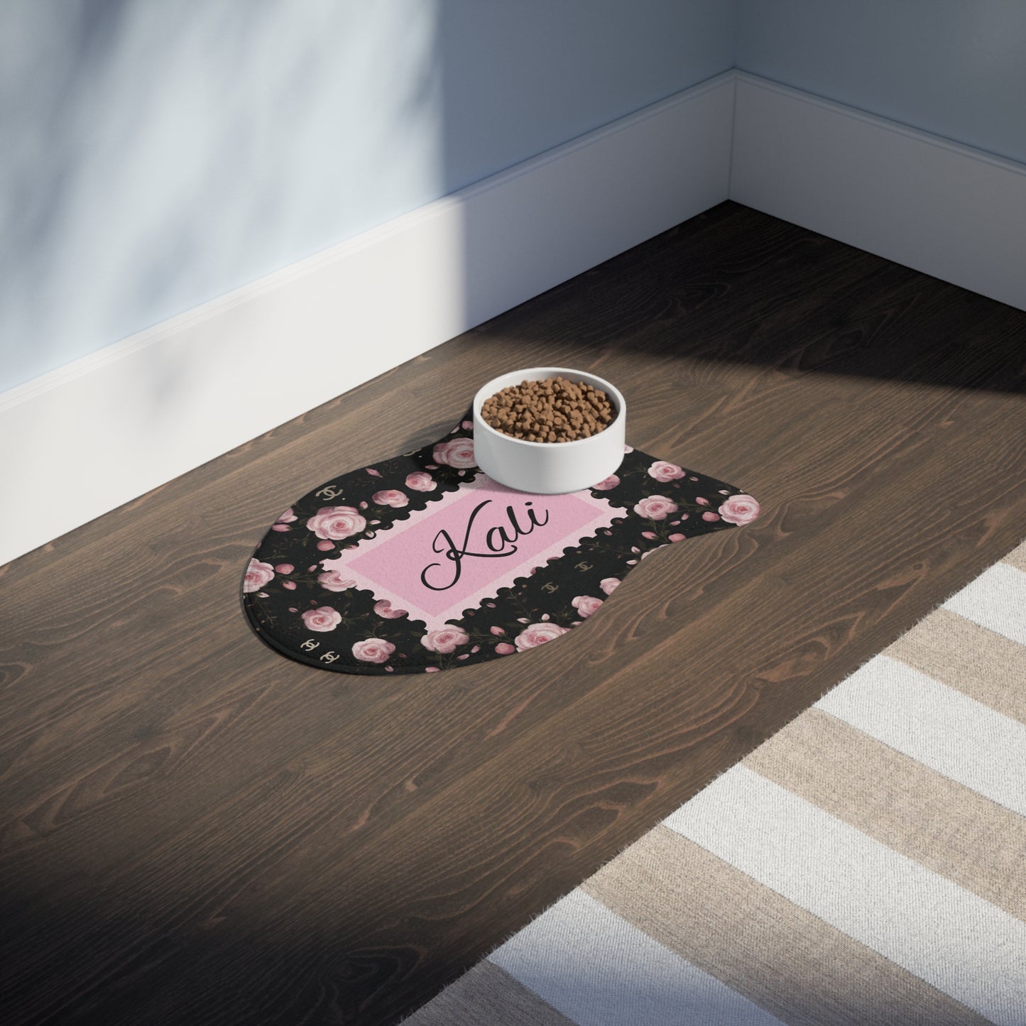 Personalized Floral Pet Feeding Mat — 'Kali' Pink Rose Non-Slip Placemat