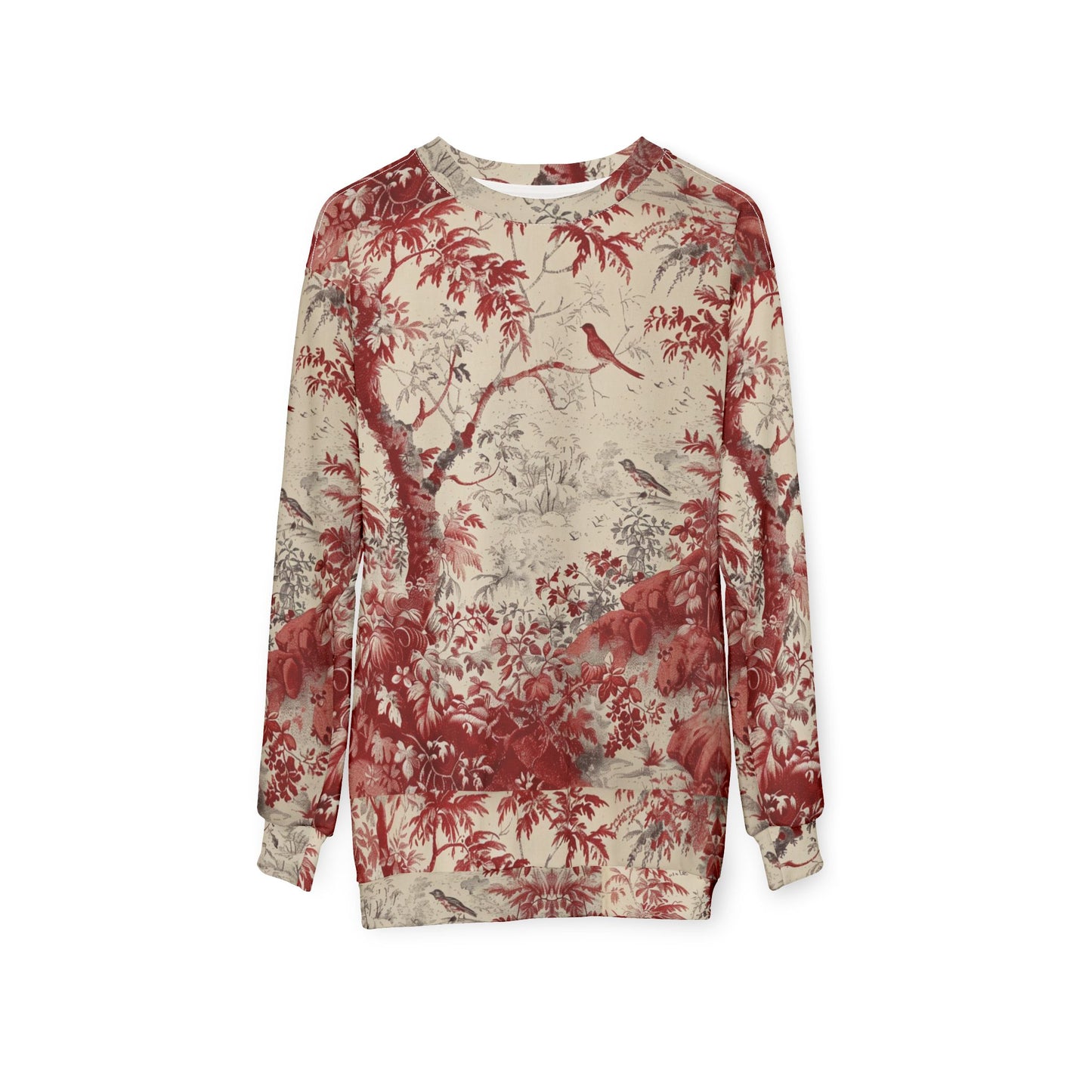 Toile de Jouy Scenic Sweatshirt — Vintage Red Botanical & Bird Print