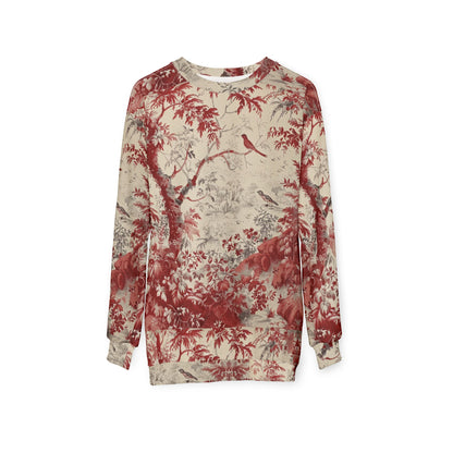 Toile de Jouy Scenic Sweatshirt — Vintage Red Botanical & Bird Print
