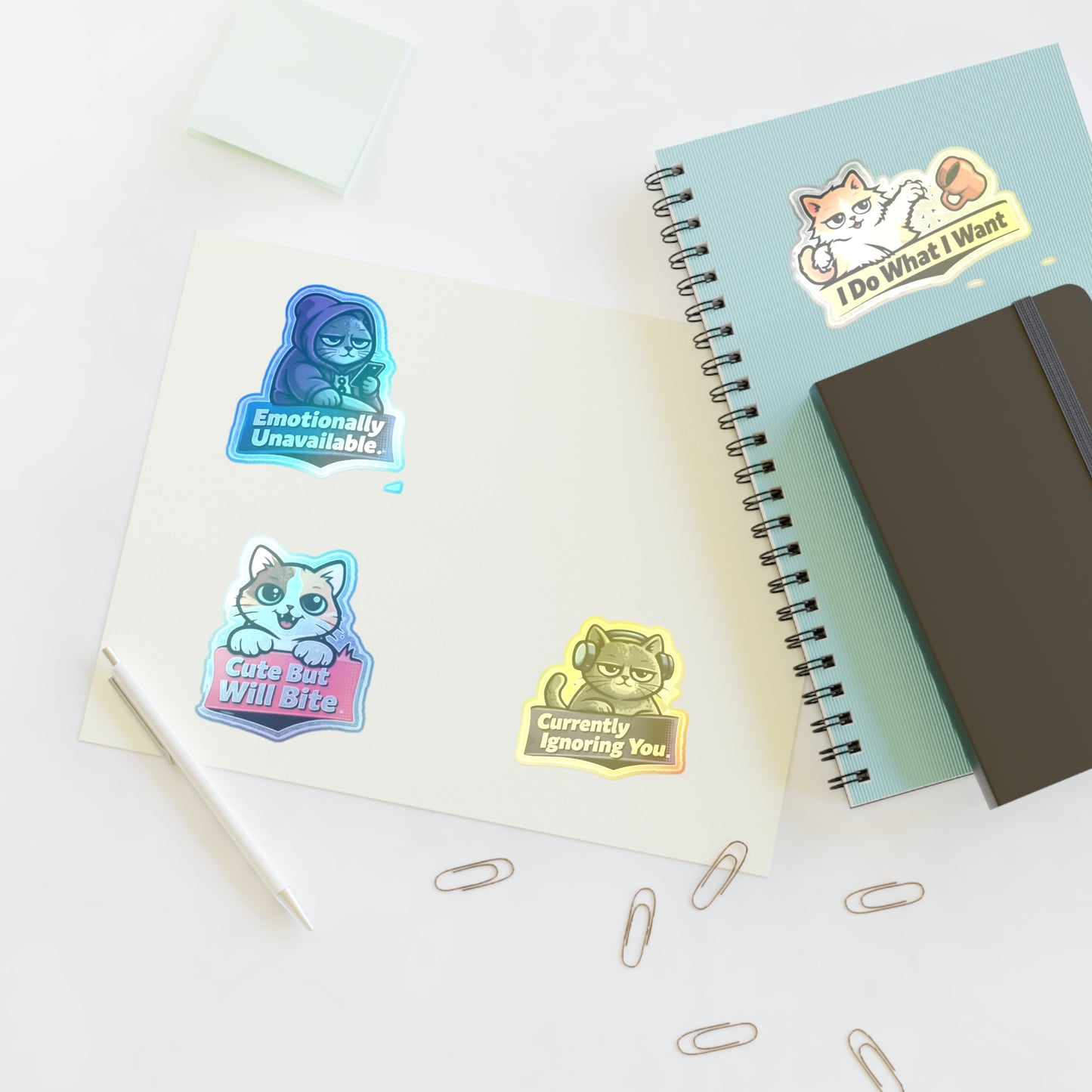 Unhinged Cat Energy Sticker Sheet — "Four Cats. Zero Manners." Funny Cat Stickers for Cat Lovers