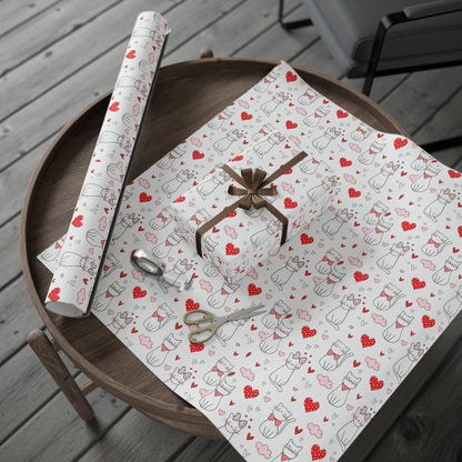 Valentine Cat & Hearts Wrapping Paper Roll — Cute Gift Wrap for Valentine's Day