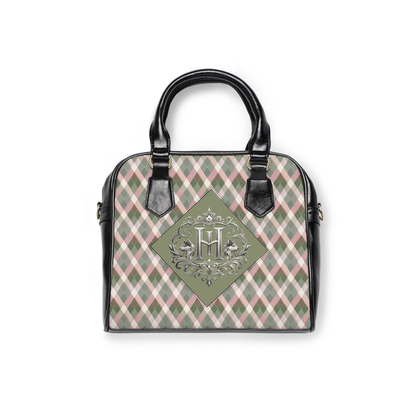 Monogram Plaid Shoulder Handbag — Green Argyle Pattern with Elegant 'H' Emblem