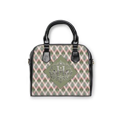 Monogram Plaid Shoulder Handbag — Green Argyle Pattern with Elegant 'H' Emblem