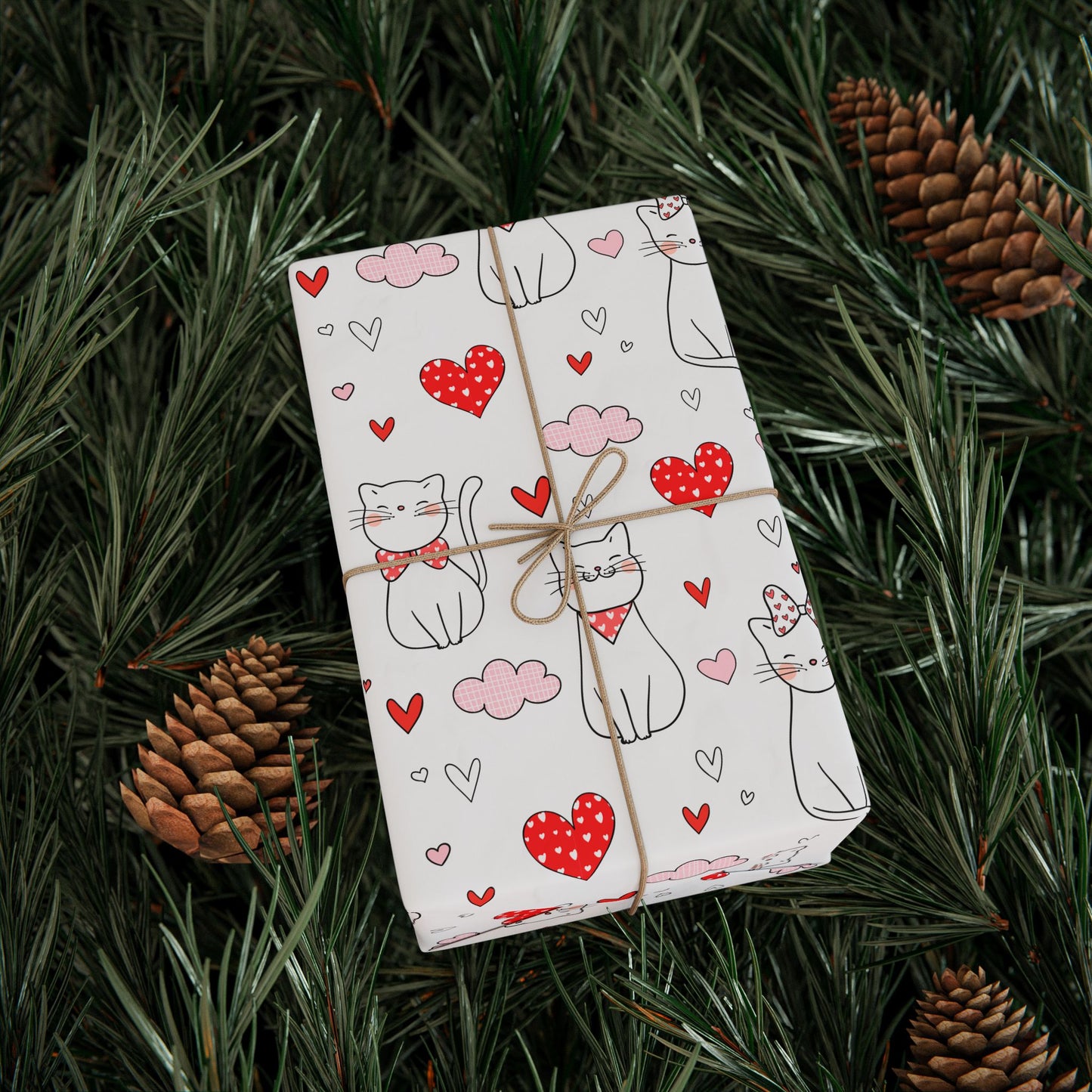 Valentine Cat & Hearts Wrapping Paper Roll — Cute Gift Wrap for Valentine's Day