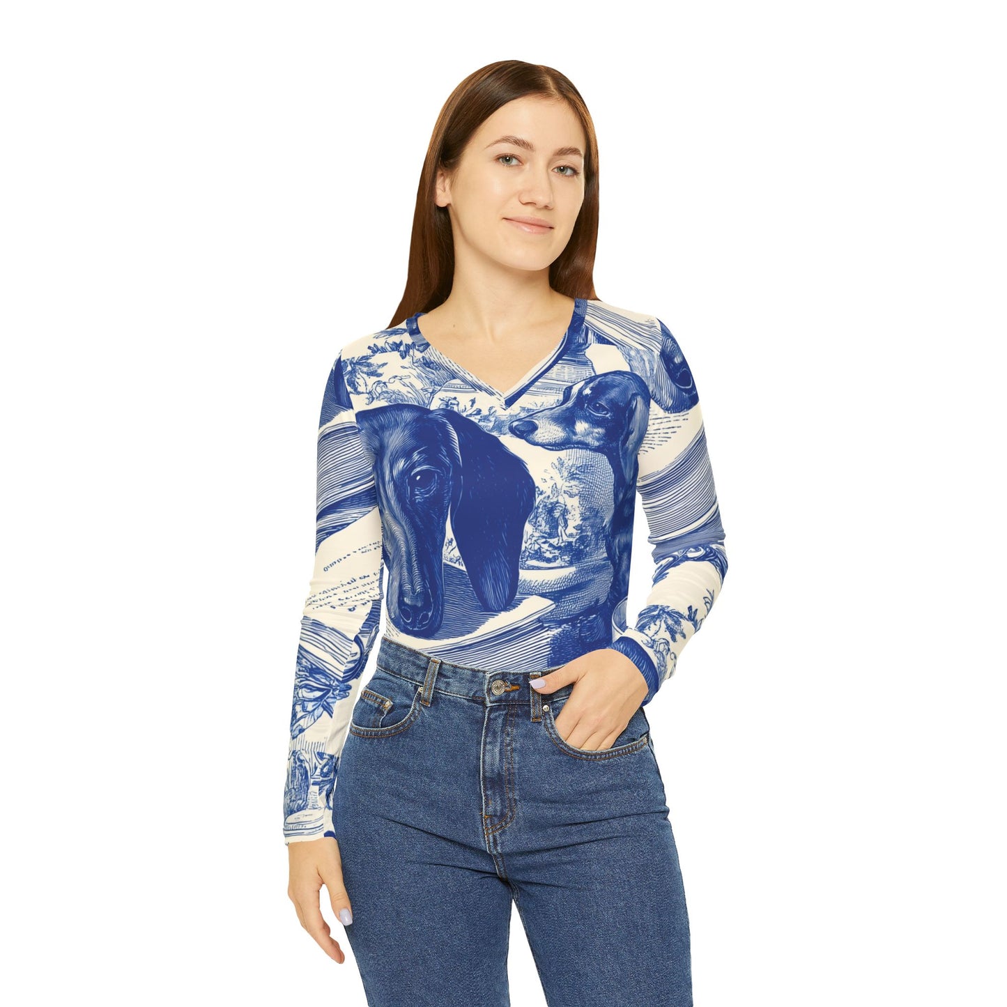 Dachshund Tea Time V‑Neck Long Sleeve — Blue Toile Dog Print Shirt