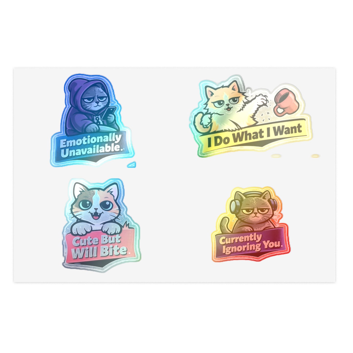 Unhinged Cat Energy Sticker Sheet — "Four Cats. Zero Manners." Funny Cat Stickers for Cat Lovers