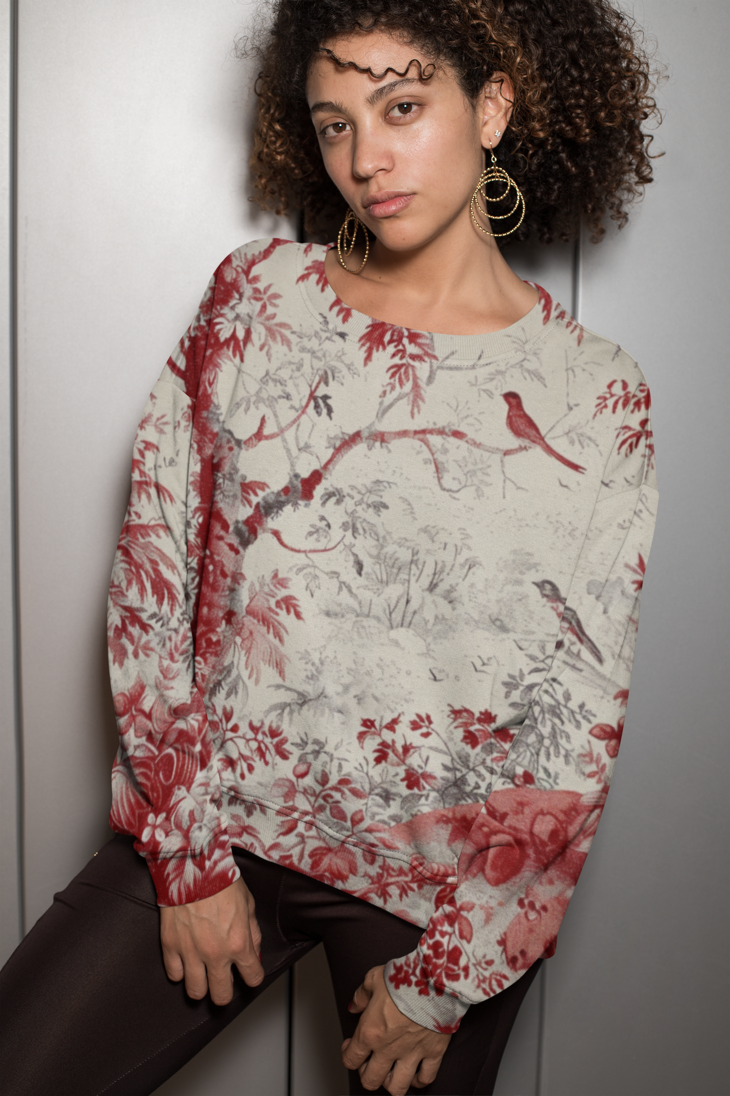 Long Sleeve Shirt — Vintage Red Toile Bird Print