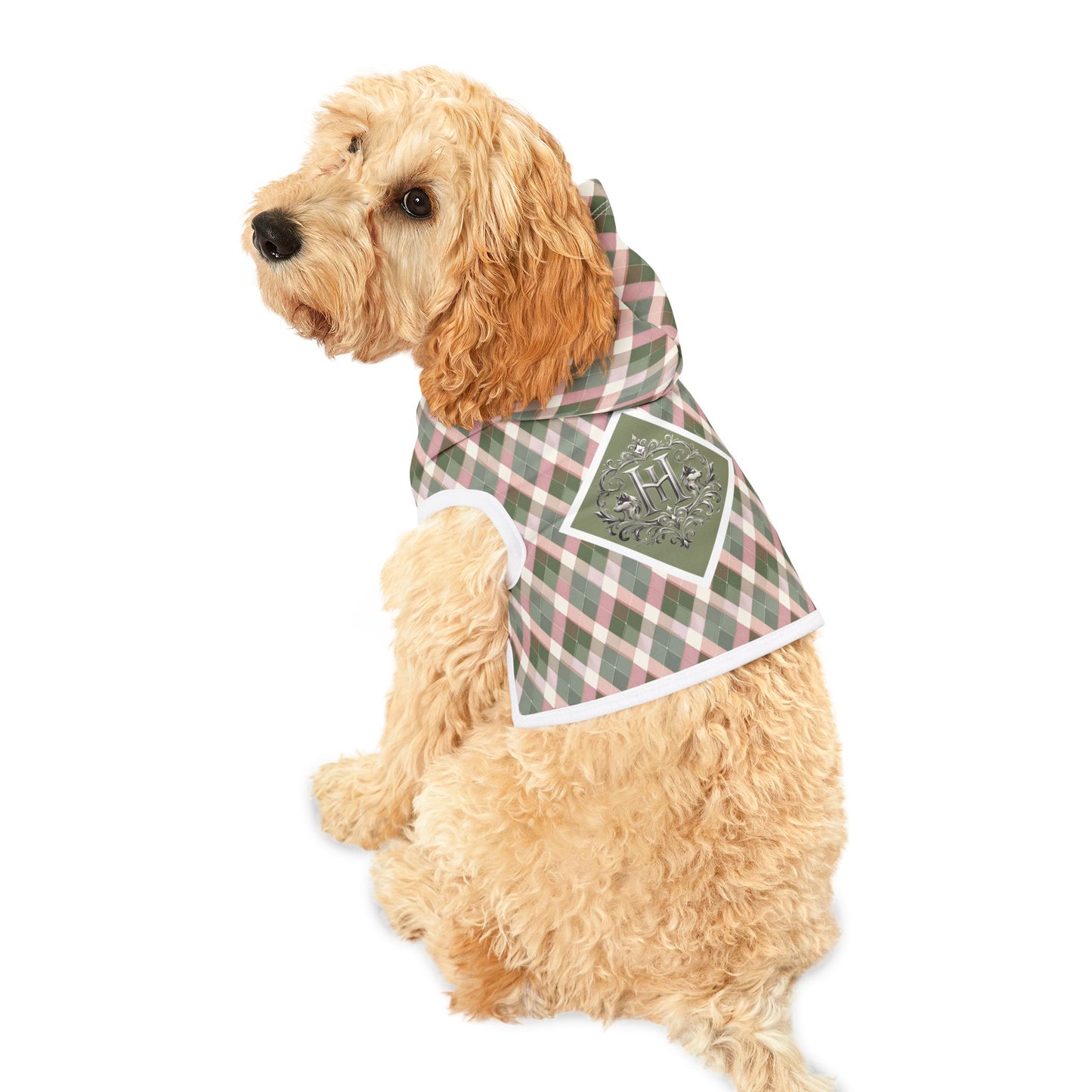 Plaid Monogram Pet Hoodie — Pink & Olive Diamond Plaid Dog Hoodie
