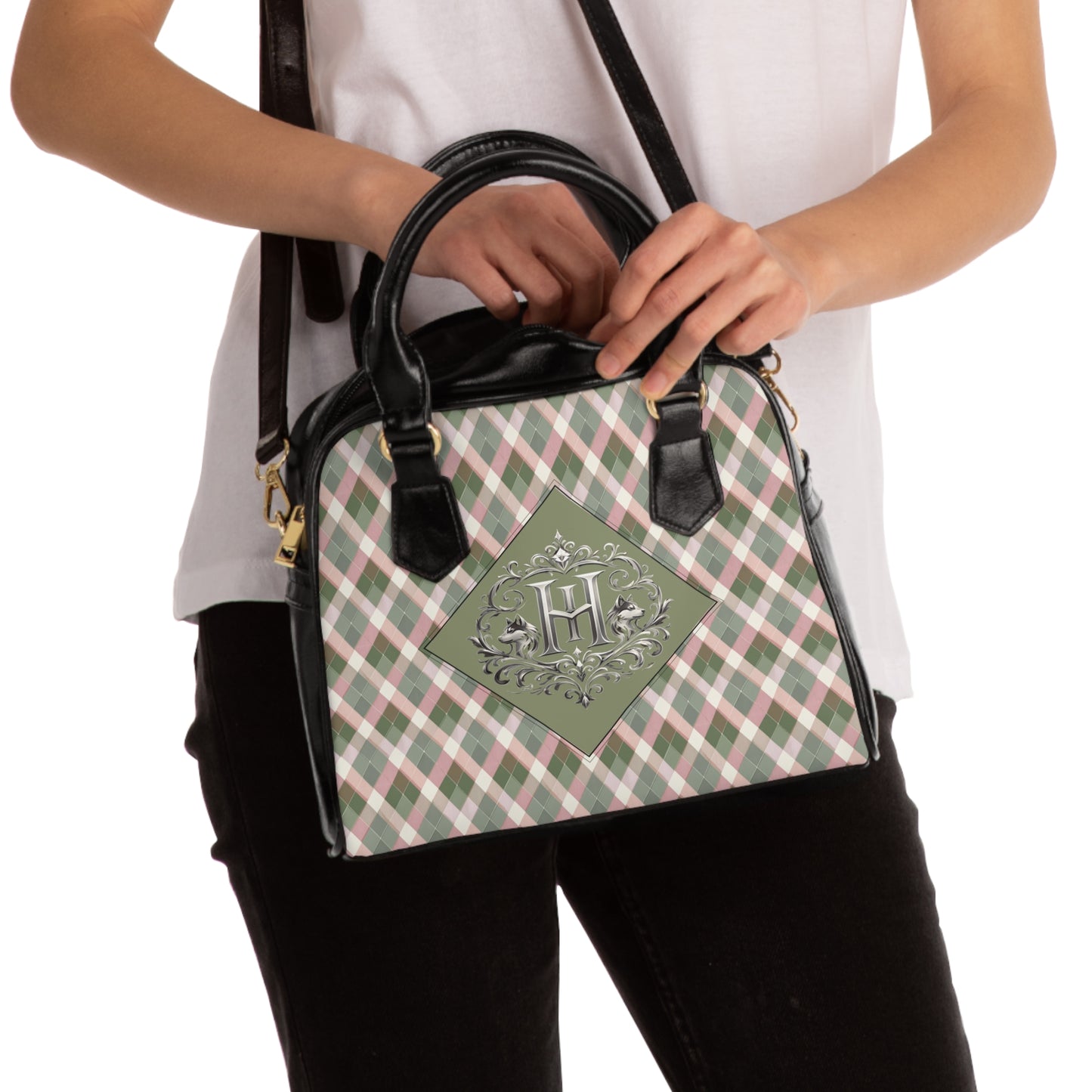 Monogram Plaid Shoulder Handbag — Green Argyle Pattern with Elegant 'H' Emblem