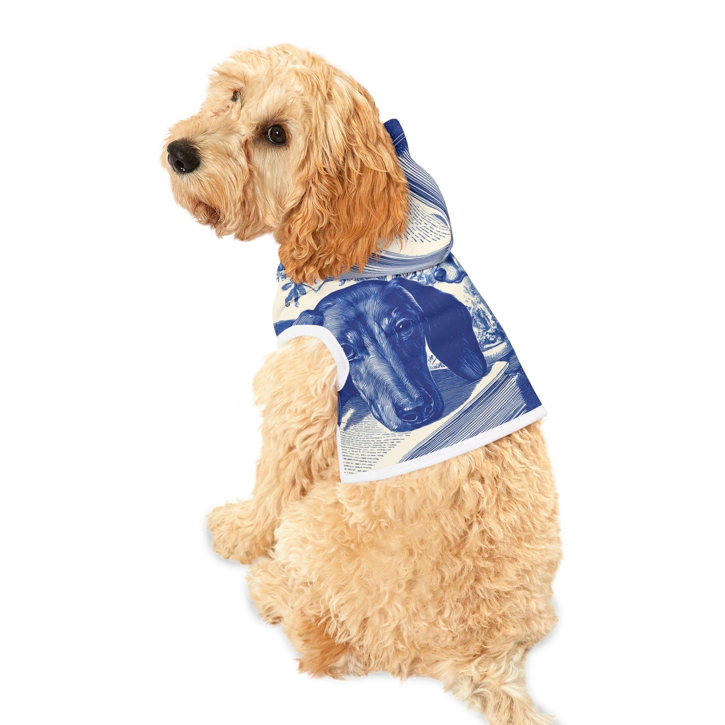 Blue Delft Dachshund Pet Hoodie — Vintage Tile Print Dog Hoodie