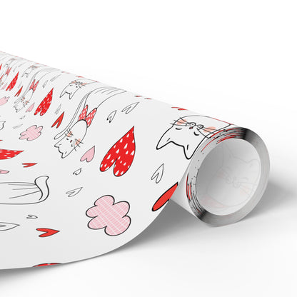 Valentine Cat & Hearts Wrapping Paper Roll — Cute Gift Wrap for Valentine's Day