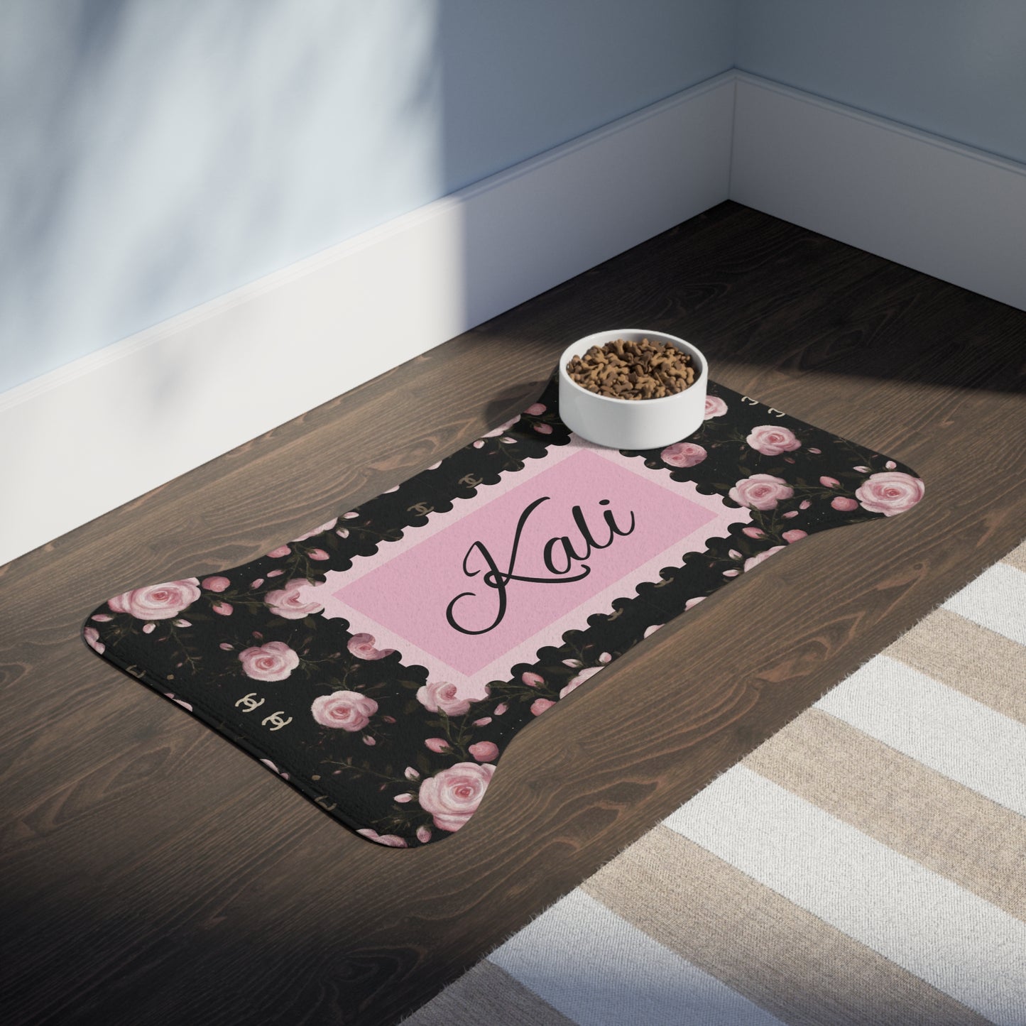 Personalized Floral Pet Feeding Mat — 'Kali' Pink Rose Non-Slip Placemat