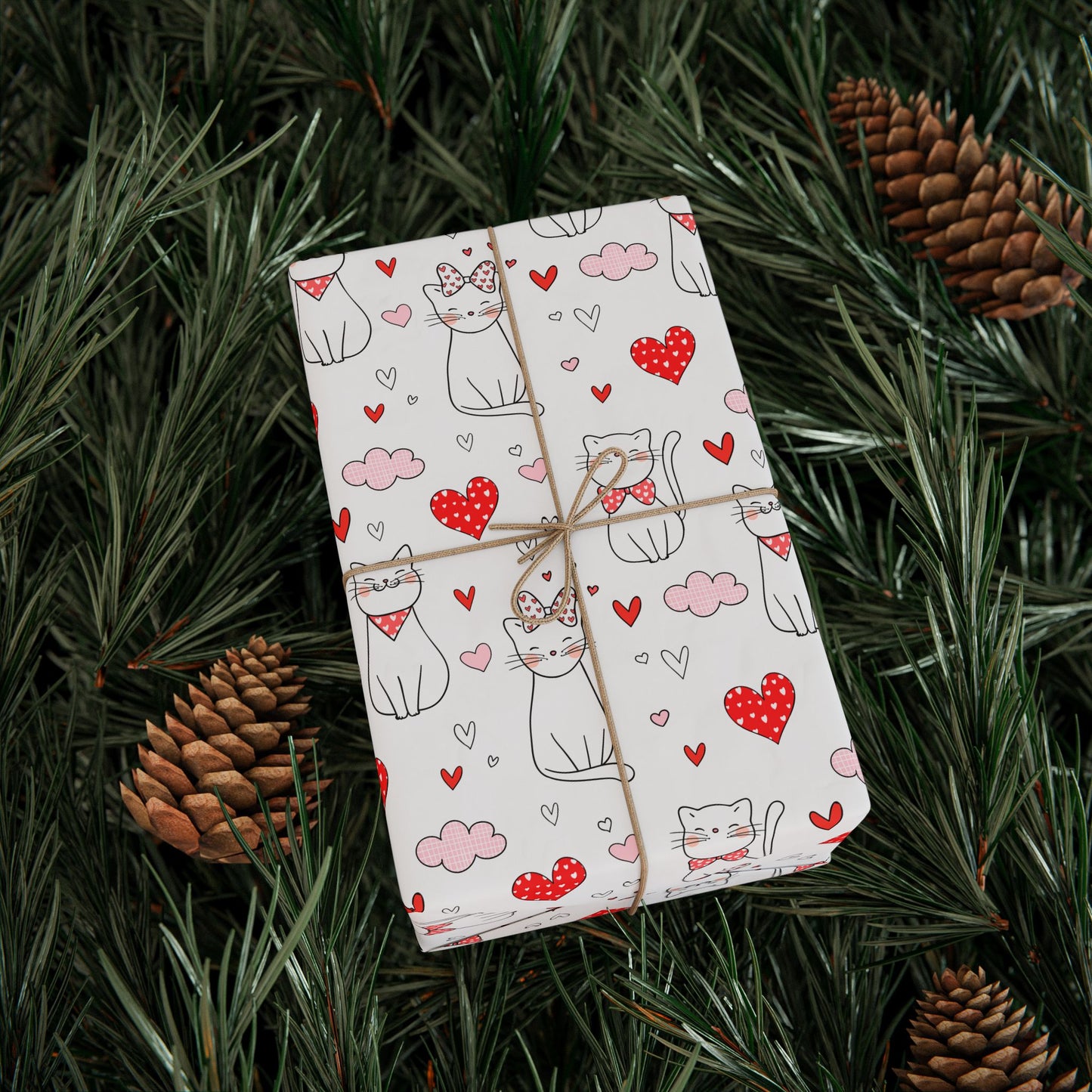 Valentine Cat & Hearts Wrapping Paper Roll — Cute Gift Wrap for Valentine's Day
