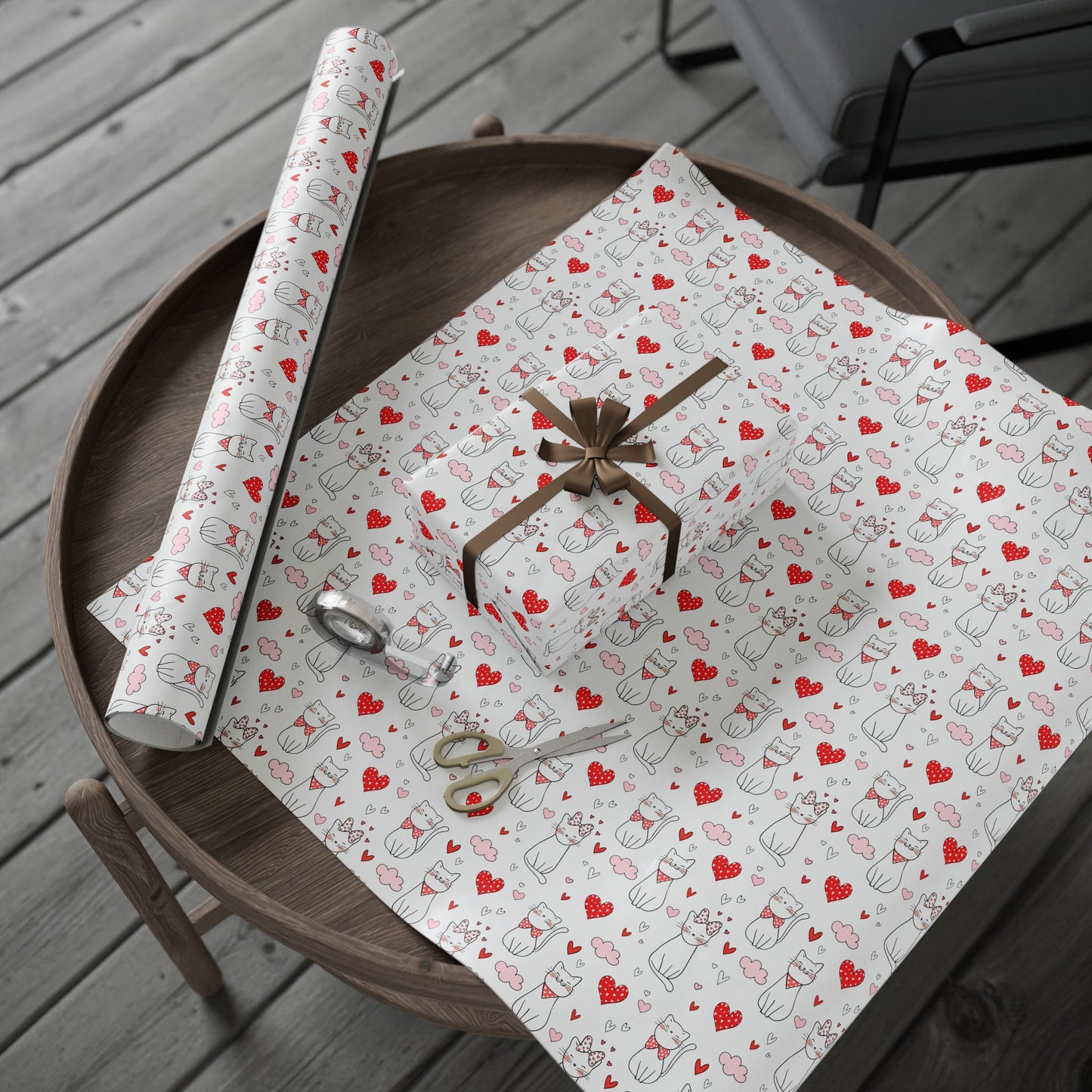 Valentine Cat & Hearts Wrapping Paper Roll — Cute Gift Wrap for Valentine's Day